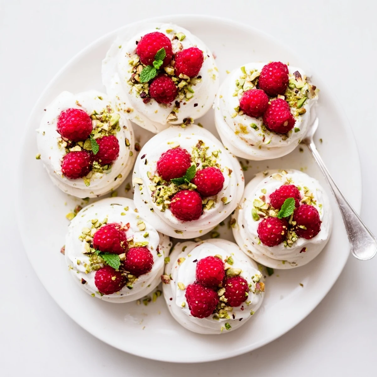 Golden pistachio meringue nests topped with fresh raspberries and whipped cream