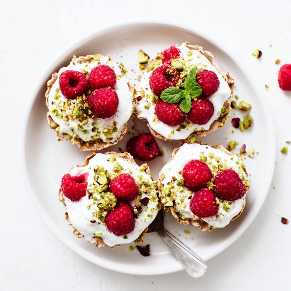 Delicate meringue nests filled with vanilla cream and juicy red raspberries