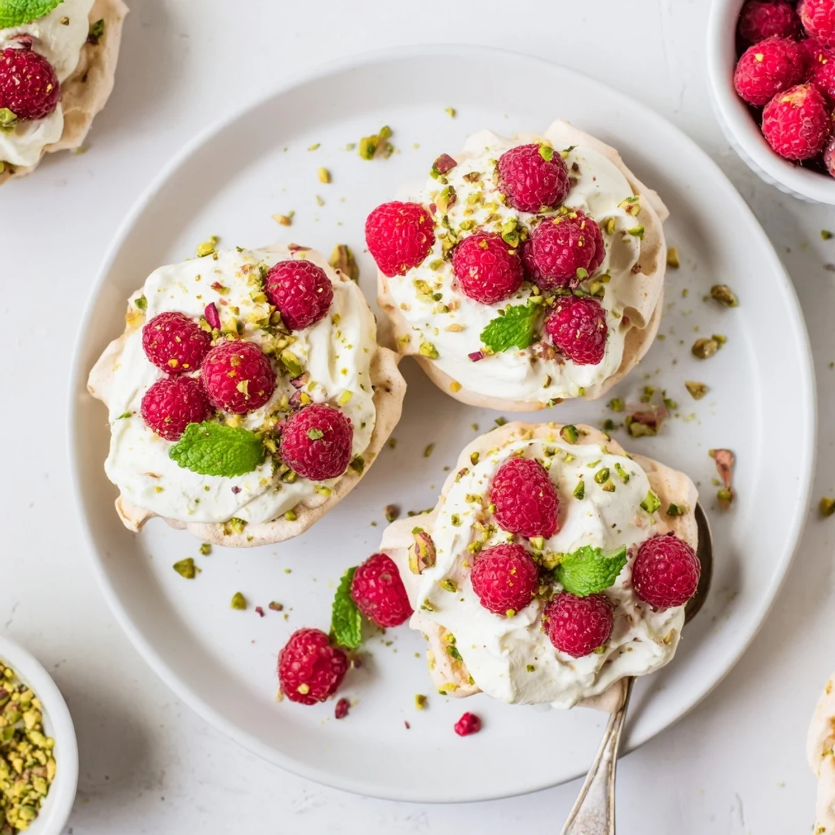 Crispy pistachio meringue cups piled high with whipped cream and fresh berries