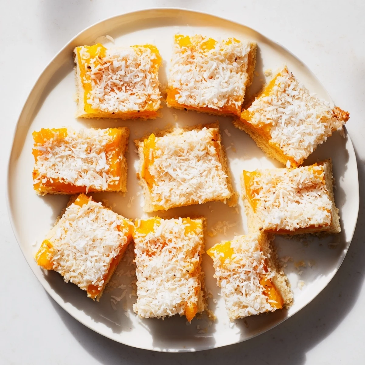Golden mango coconut bars with shredded coconut topping on a flaky shortbread crust