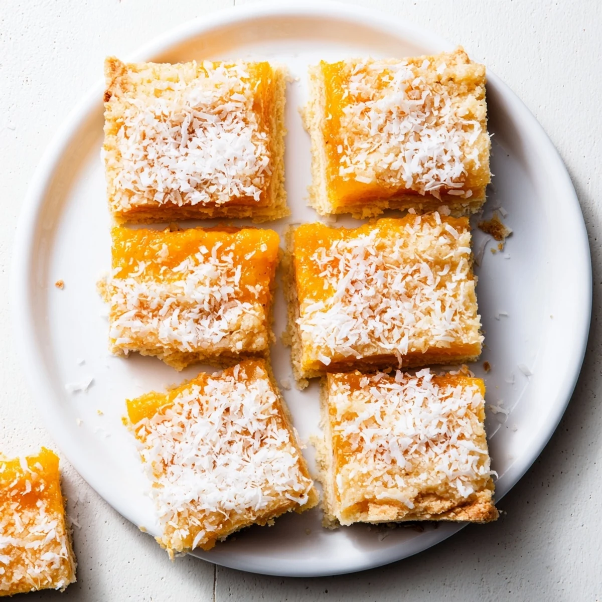 Chewy tropical dessert bars featuring sweet mango filling and creamy coconut on a white plate
