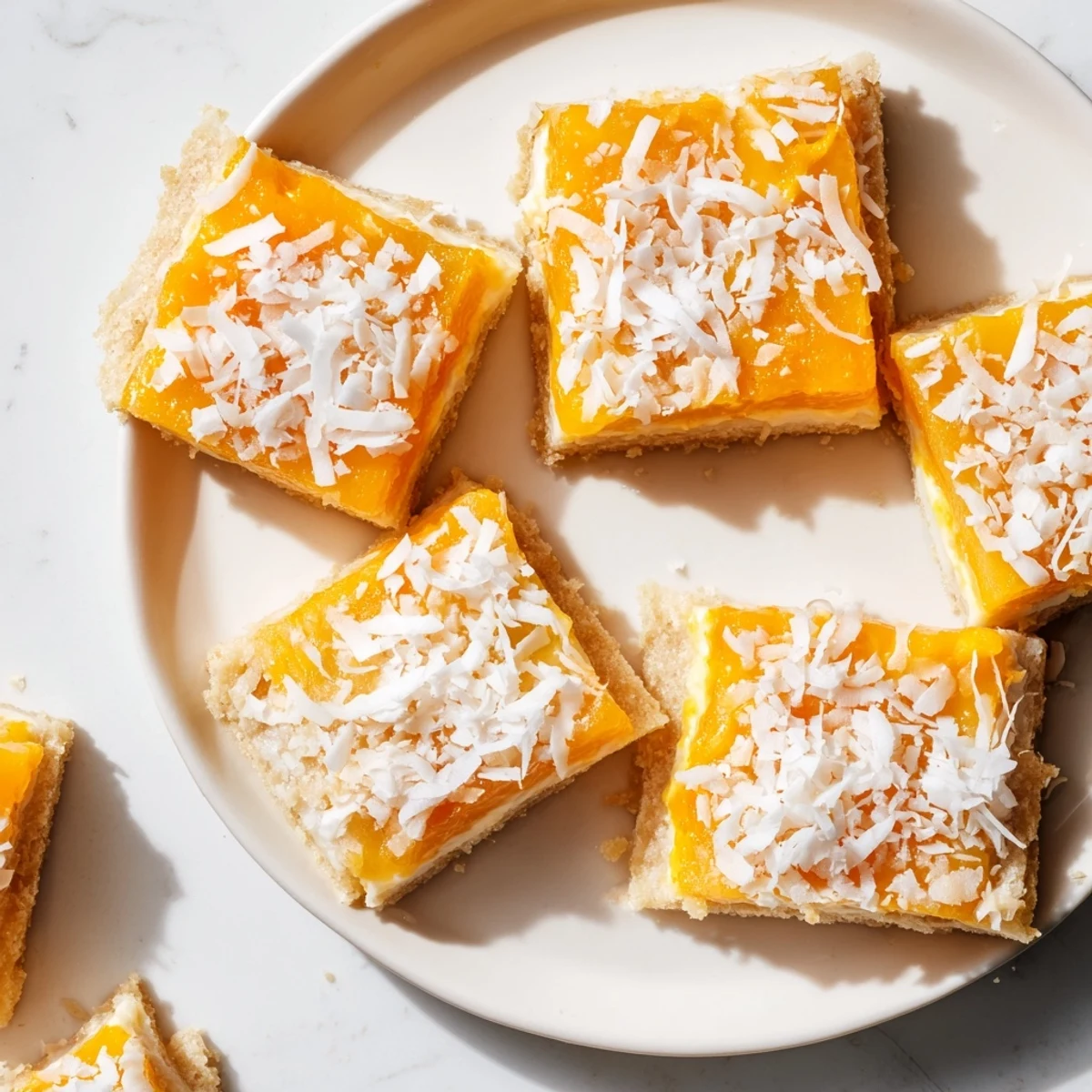 Fresh mango coconut bars cut into squares with golden coconut garnish on serving board