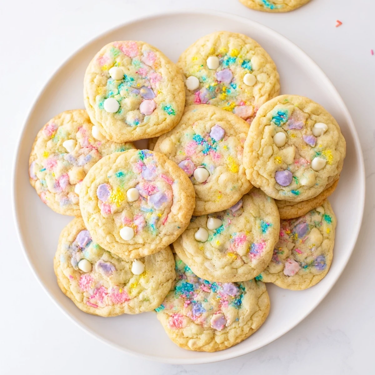 Soft Easter Funfetti Cookies studded with pastel sprinkles on a white baking sheet