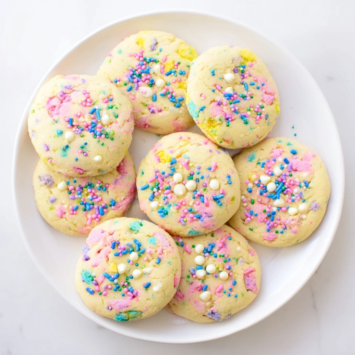 Golden brown Easter Funfetti Cookies with colorful confetti sprinkles ready for spring dessert