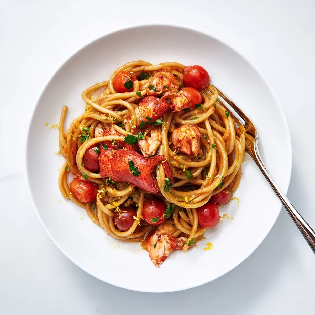 Golden lobster chunks coat al dente bucatini pasta in a rich white wine tomato sauce garnished with fresh parsley and lemon zest