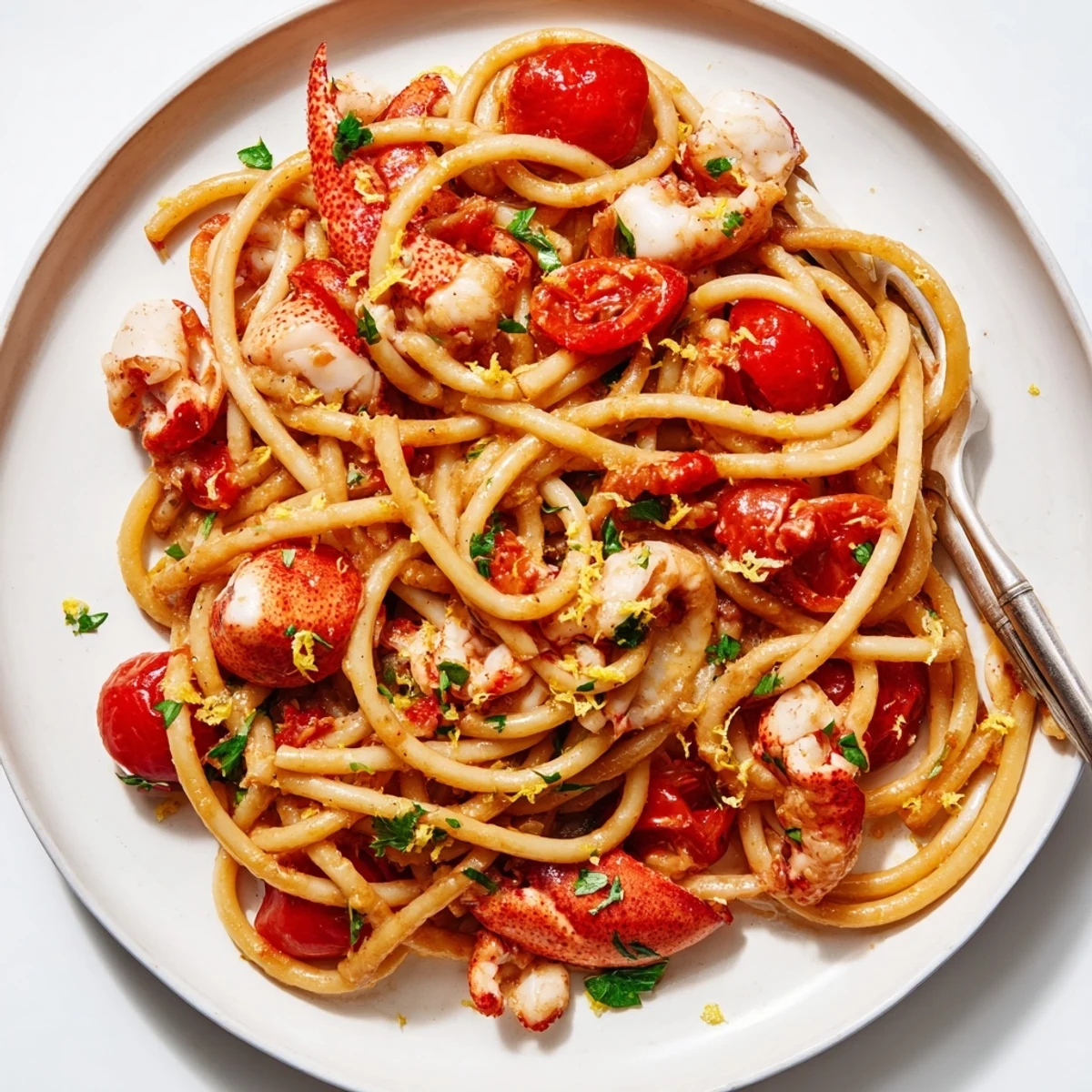 Plated lobster bucatini pasta featuring tender shellfish pieces tangled in thick red garlic sauce with cherry tomato halves and herb sprinkles