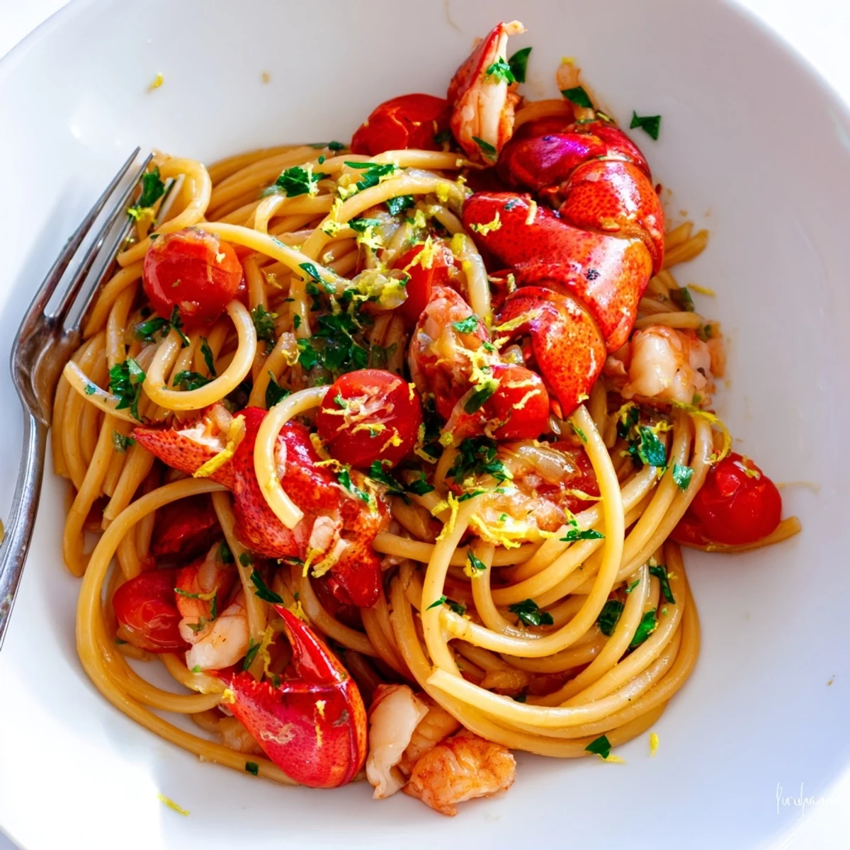Close-up of lobster bucatini pasta dish showcasing succulent seafood noodles bathed in silky buttery tomato wine sauce with vibrant green parsley accents