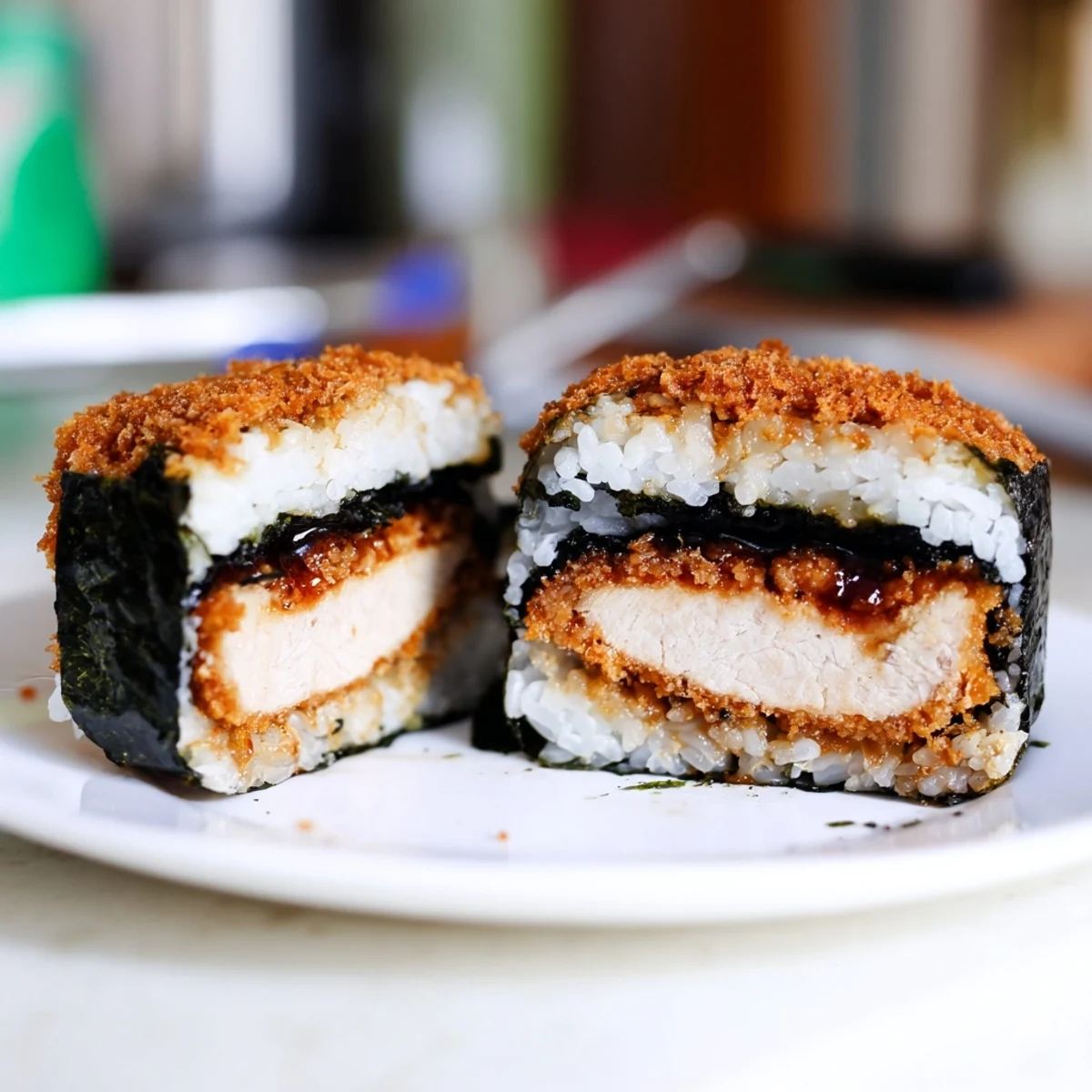 Crispy golden chicken katsu musubi wrapped in nori with seasoned white rice layers