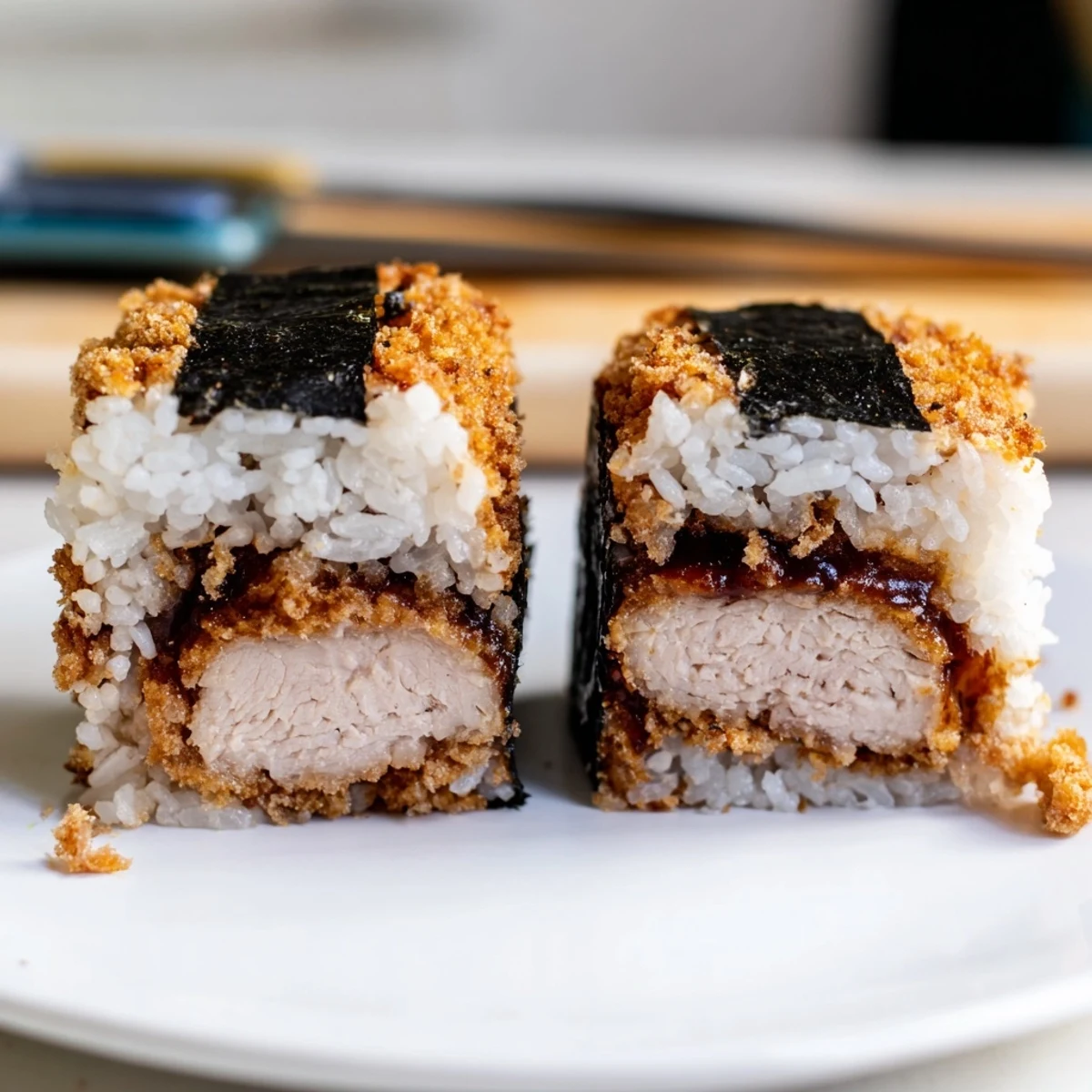 Portable chicken katsu musubi featuring panko-crried chicken tucked between fluffy rice and seaweed