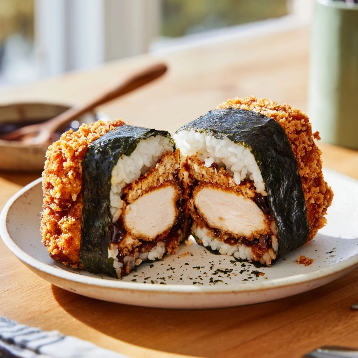 Hawaiian-Japanese fusion chicken katsu musubi drizzled with tangy sauce on wooden board