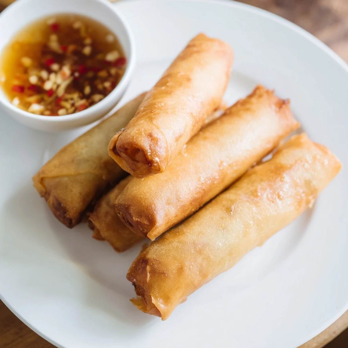 Golden crispy rice paper spring rolls with vegetable filling arranged on serving plate