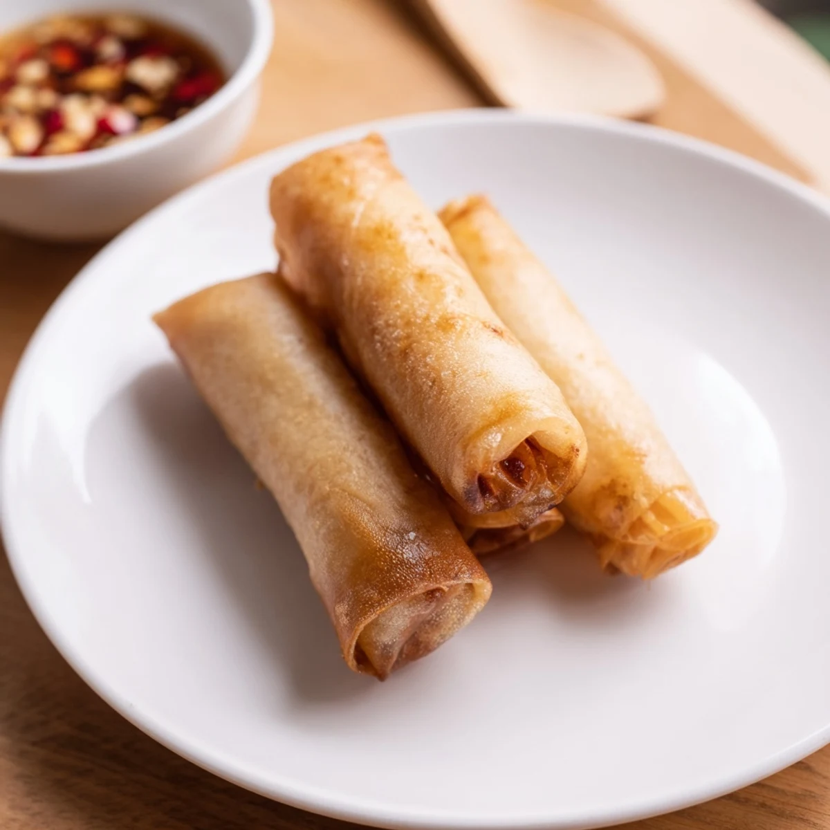 Plate of golden fried crispy rice paper spring rolls served with dipping sauce