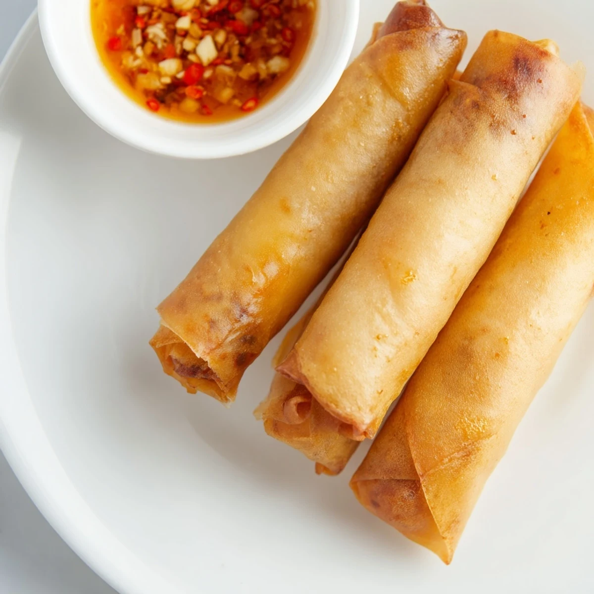 Homemade crispy rice paper spring rolls sliced open showing colorful vegetable and protein filling