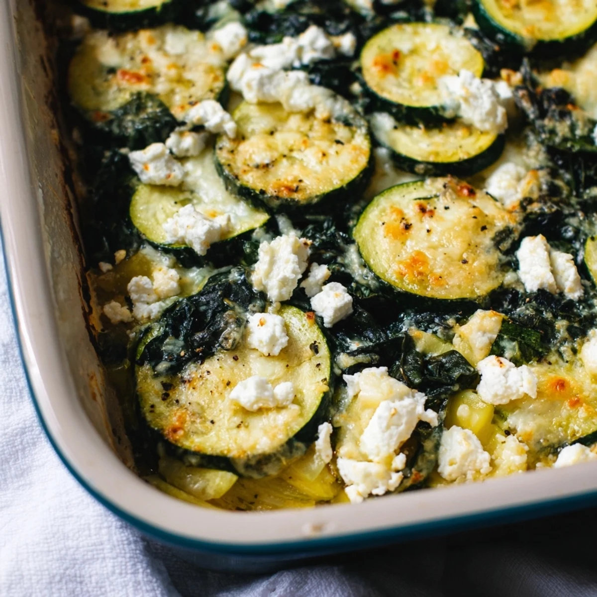 Golden baked zucchini spinach and feta casserole with bubbly melted cheese topping on a white ceramic plate