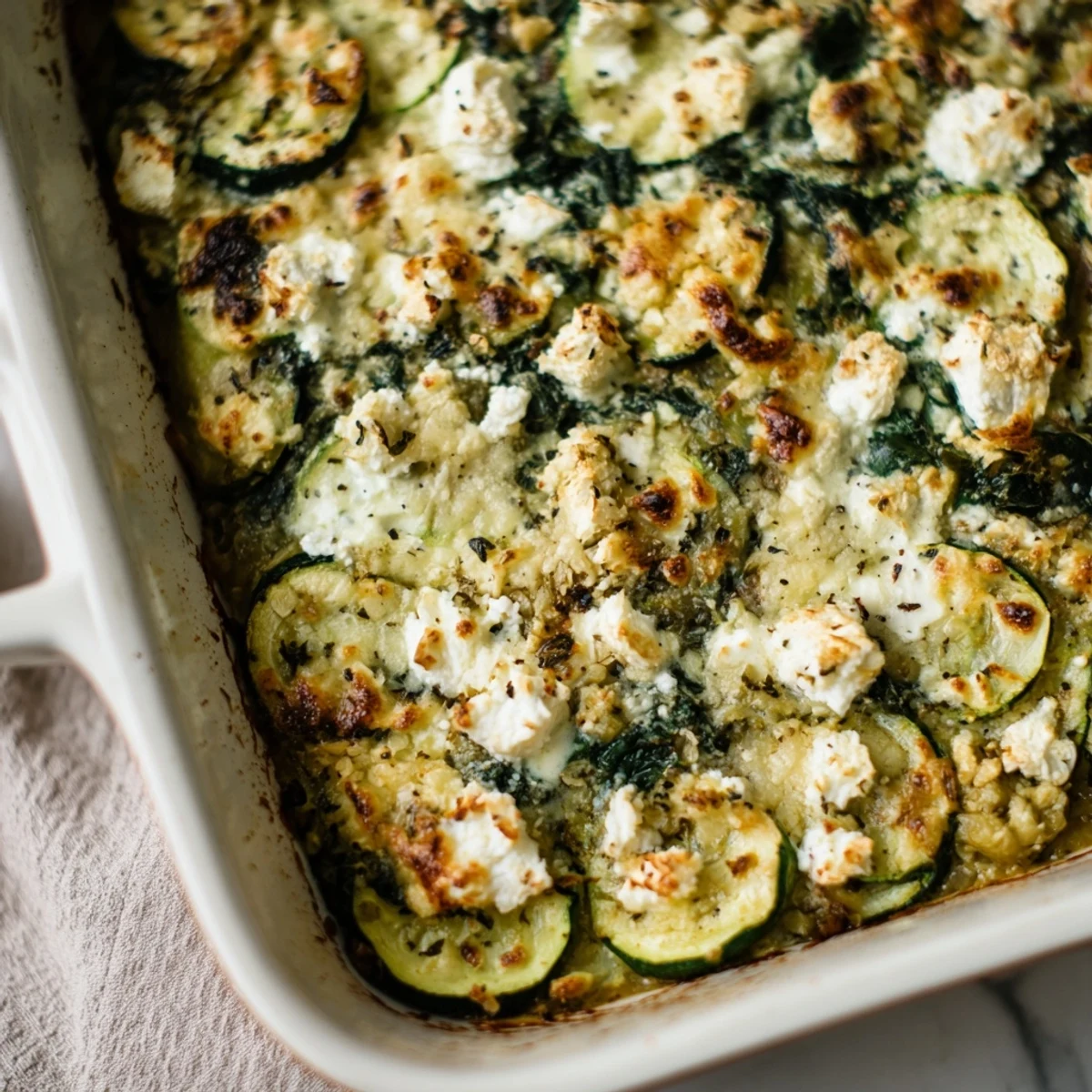Wholesome vegetarian zucchini spinach and feta casserole fresh from the oven with steam rising and crispy edges