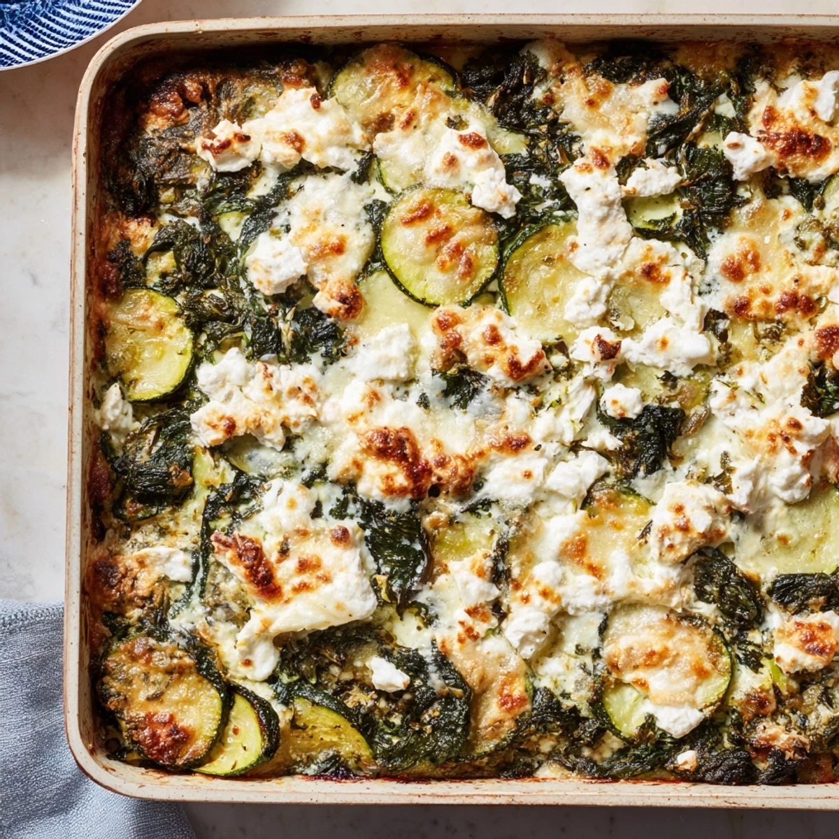 Layered Mediterranean casserole featuring tender zucchini rounds wilted spinach and crumbled feta baked until golden brown