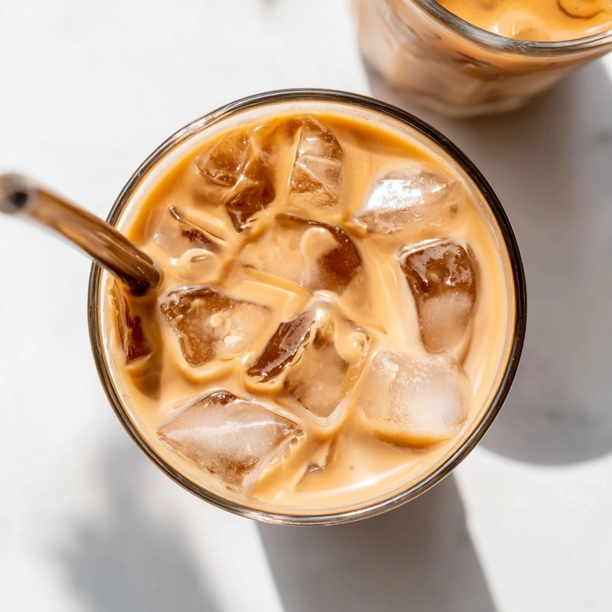 Glass of creamy Okinawa milk tea filled with ice cubes on a wooden table