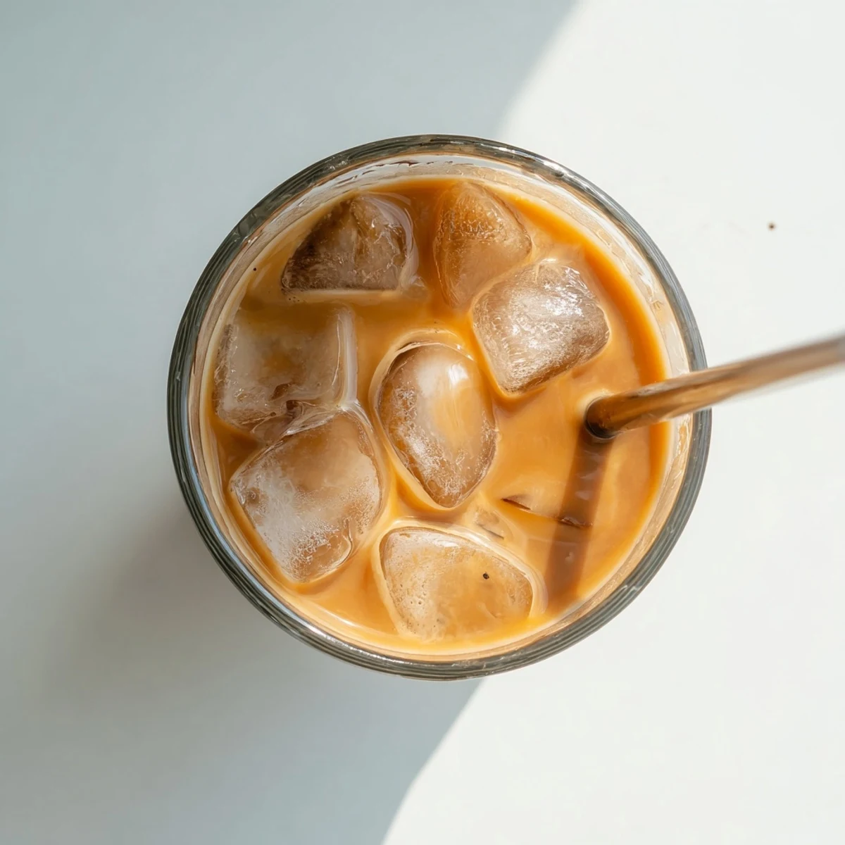 Golden brown Okinawa milk tea served over ice in a tall clear glass with condensation