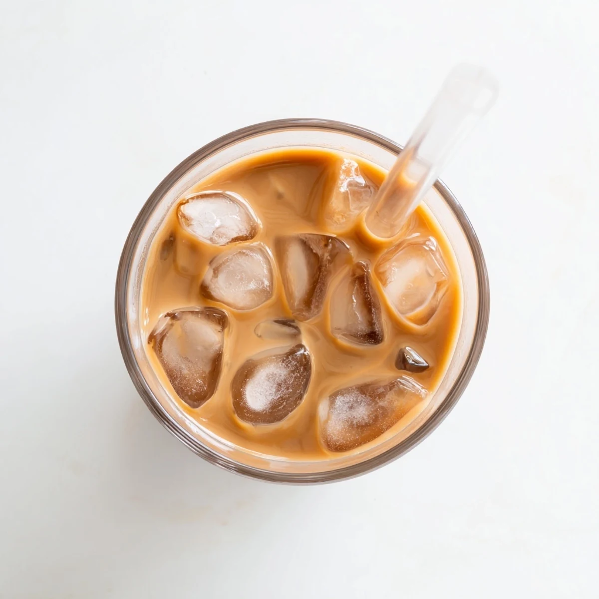 Refreshingly cold Okinawa milk tea with deep caramel swirls and ice in a glass tumbler