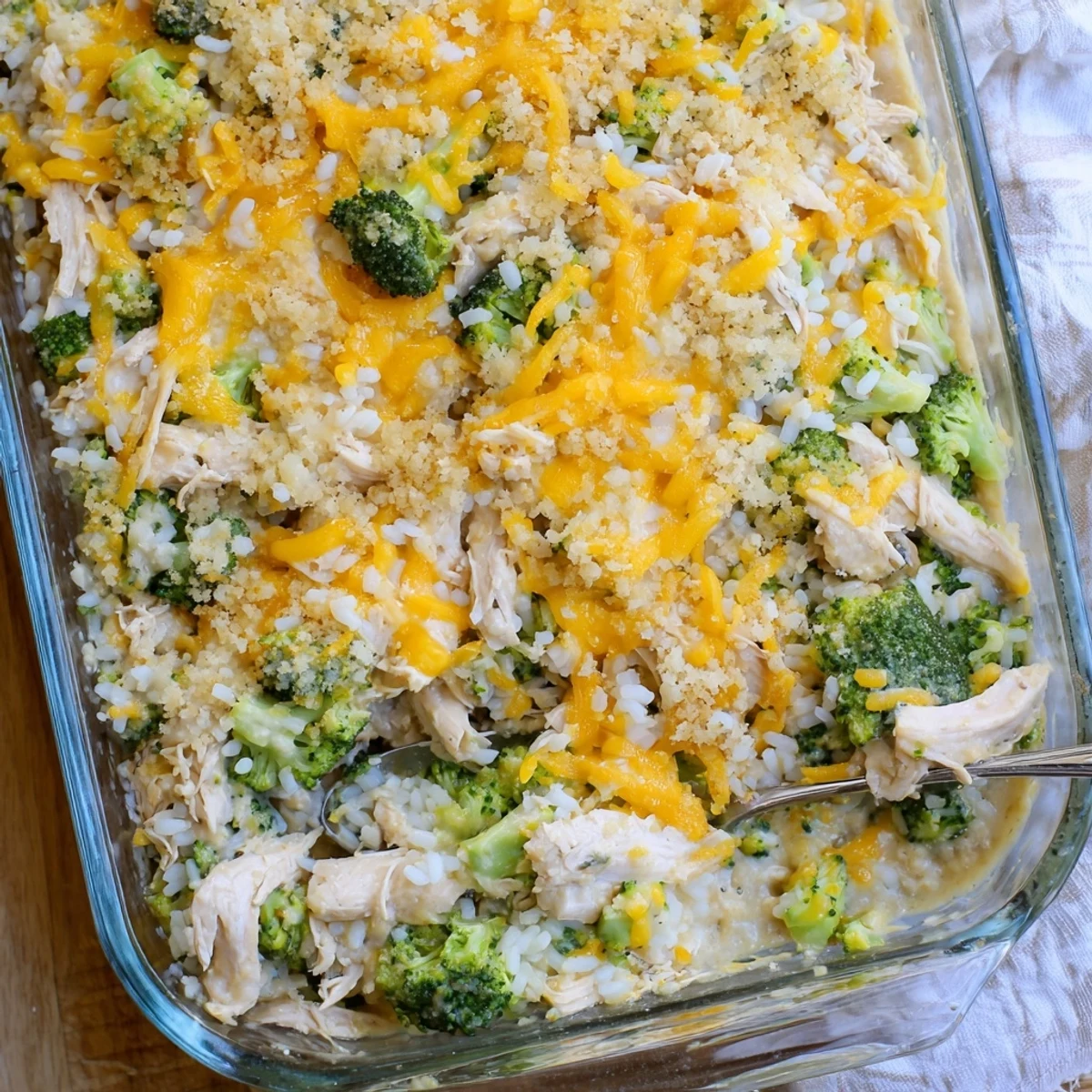 Golden chicken broccoli casserole topped with melted cheddar and buttery crispy breadcrumbs