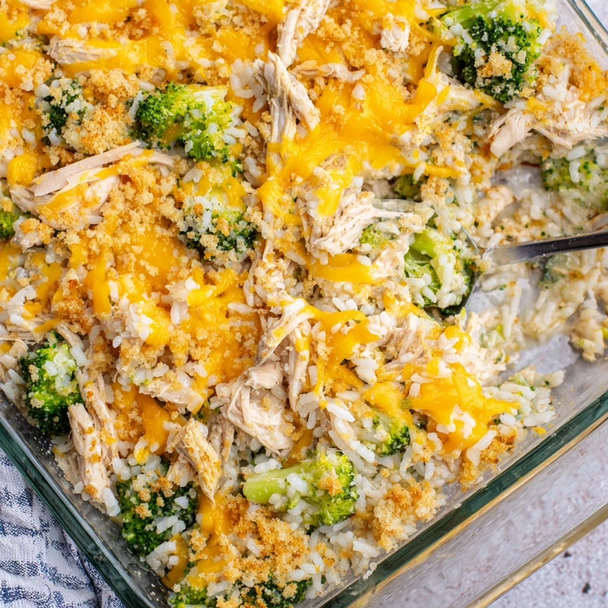 Creamy chicken broccoli casserole bubbling in a baking dish with tender broccoli florets