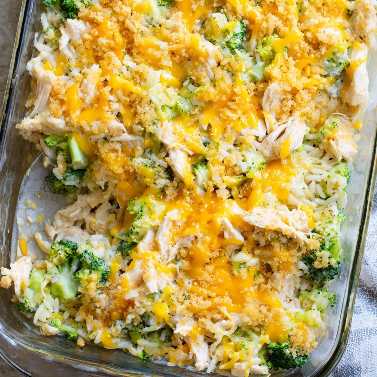 Baked chicken broccoli casserole with cheesy sauce and golden brown panko topping
