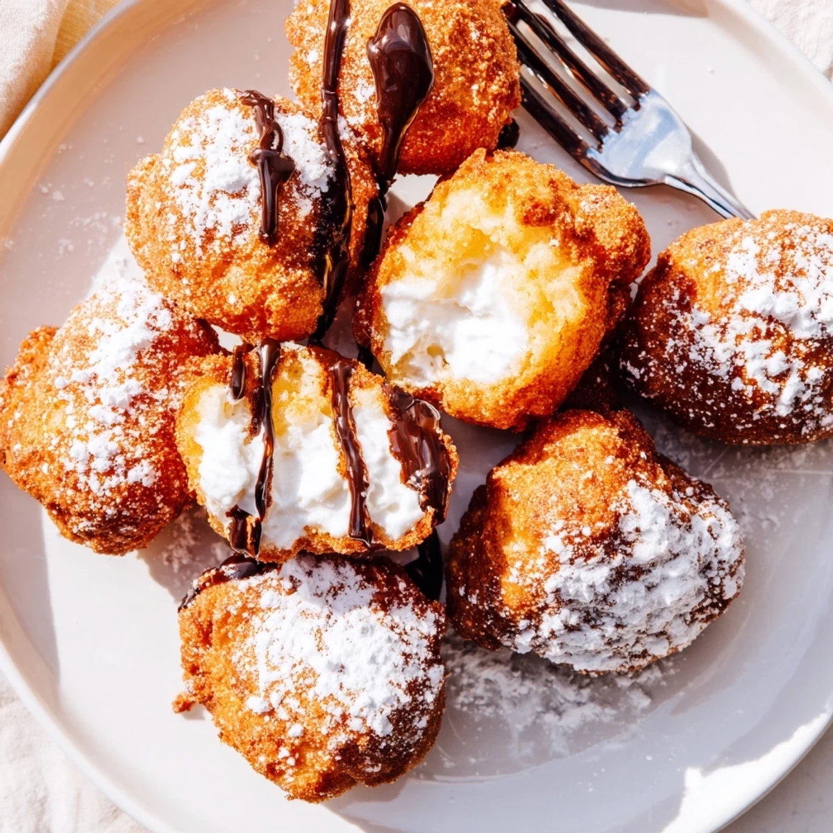 Warm deep fried marshmallows drizzled with chocolate sauce on a white dessert plate