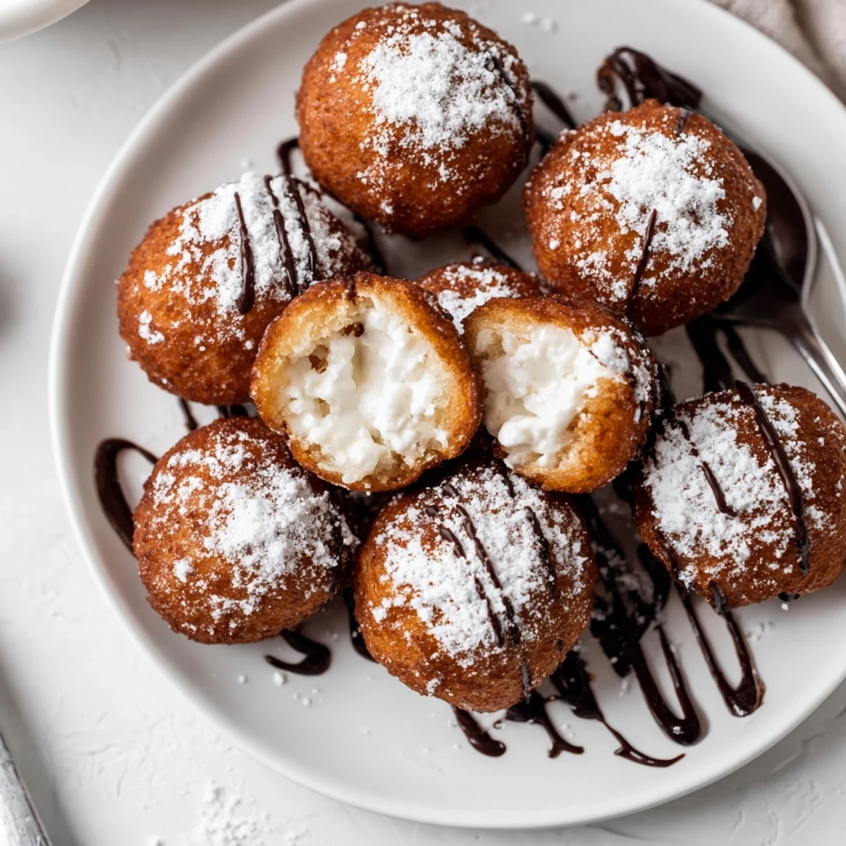Golden deep fried marshmallows with crisp exterior and melty center dusted in powdered sugar