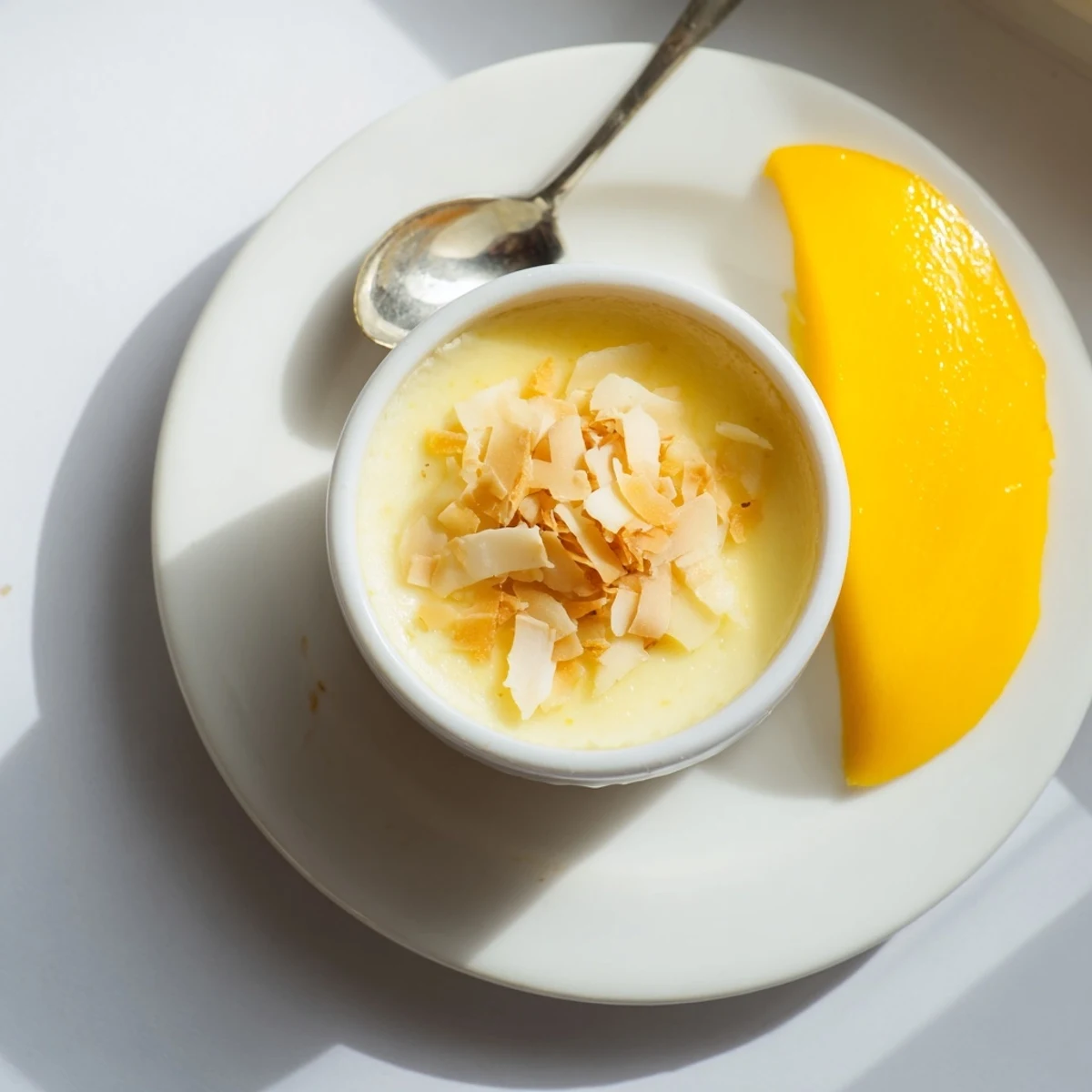 Silky Thai coconut custard steamed in white ramekins topped with golden toasted coconut flakes