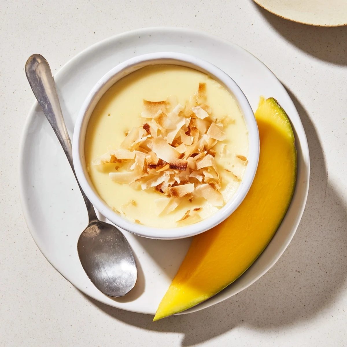 Golden Thai coconut custard served in small cups with shredded coconut and fruit