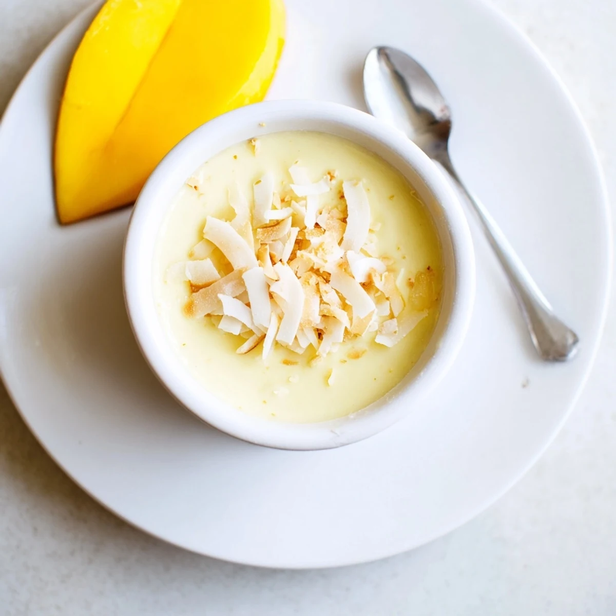 Creamy Thai coconut custard dessert chilled and garnished with fresh ripe mango slices