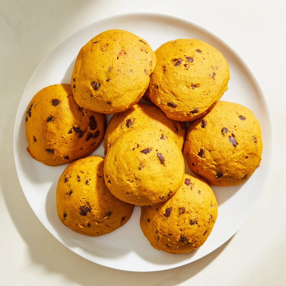 Plate of fluffy soft pumpkin cookies topped with optional chocolate chips for extra sweetness