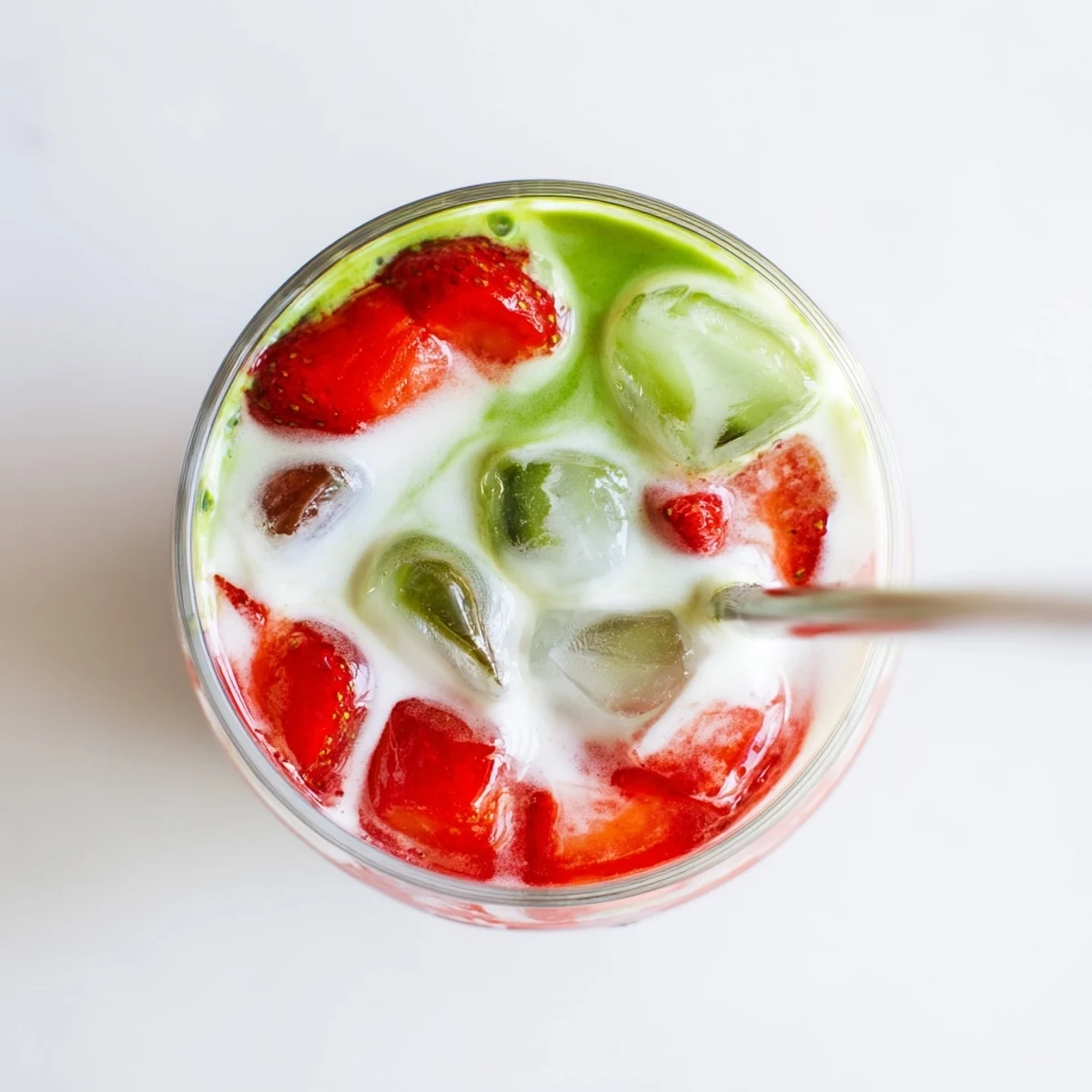 Vibrant strawberry matcha latte with three distinct colorful layers in a clear glass