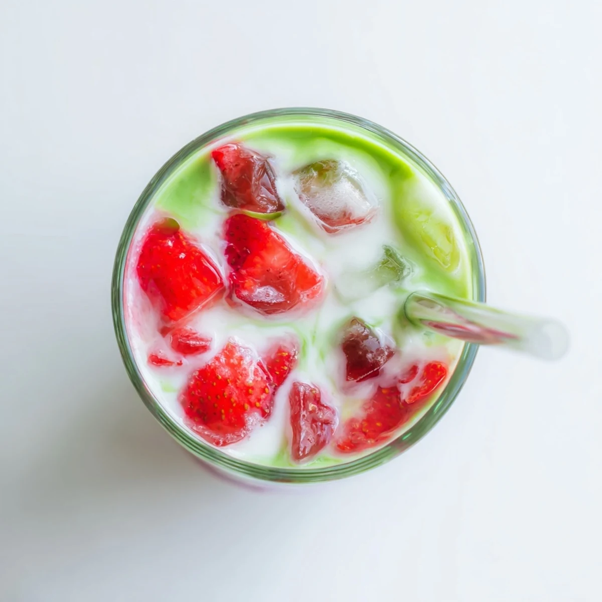 Beautifully layered strawberry matcha latte poured over ice with creamy milk swirled throughout