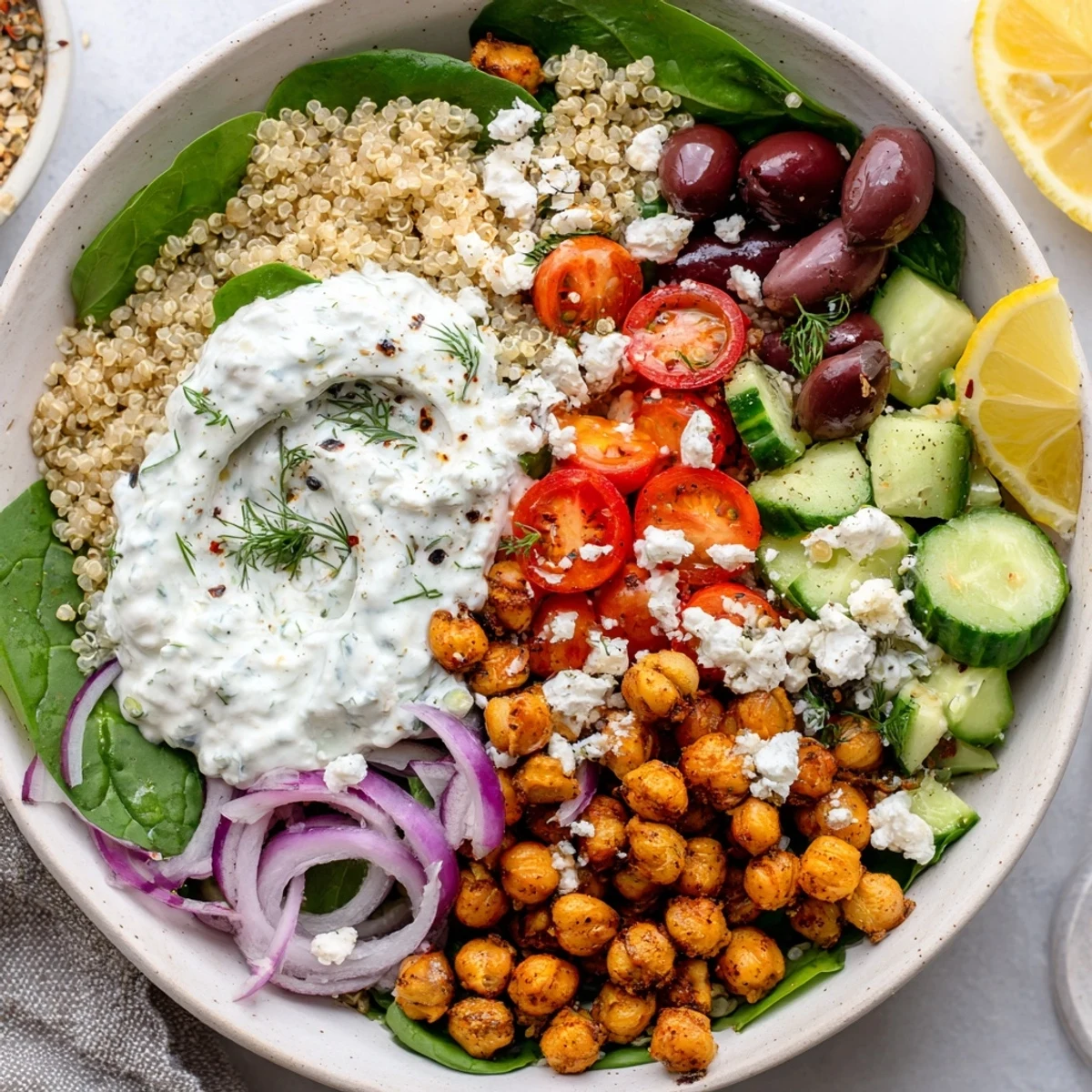 Vibrant Greek power bowl featuring quinoa, fresh vegetables, roasted chickpeas, and creamy tzatziki sauce
