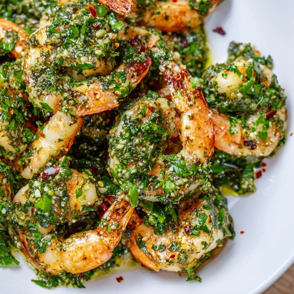 Golden pan seared chimichurri shrimp glistening with vibrant green herb sauce