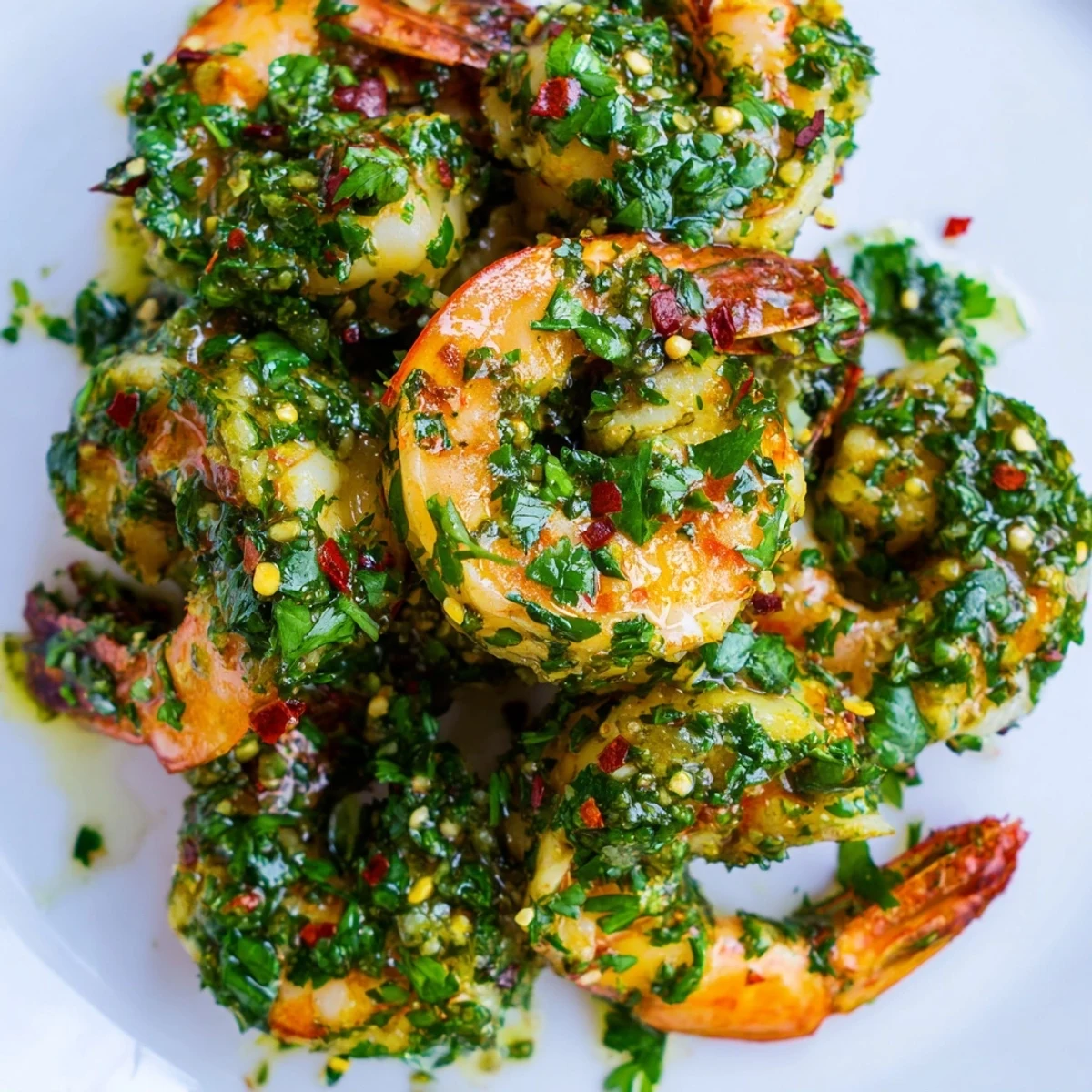 Juicy Latin American shrimp drizzled with zesty chimichurri sauce on white plate