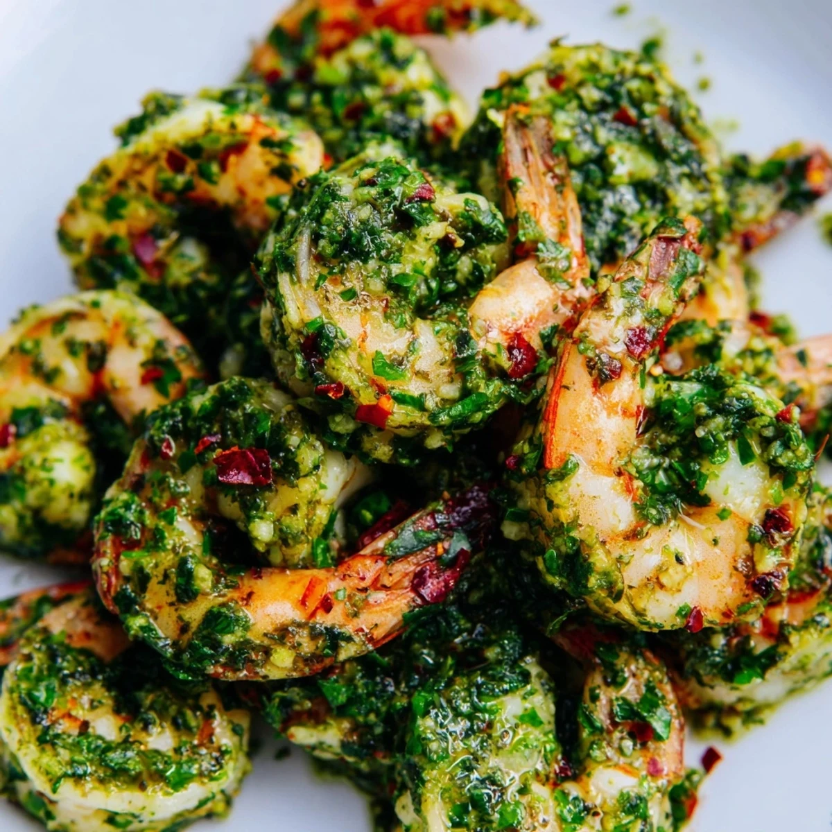 Succulent shrimp seared to perfection topped with fresh chimichurri and parsley