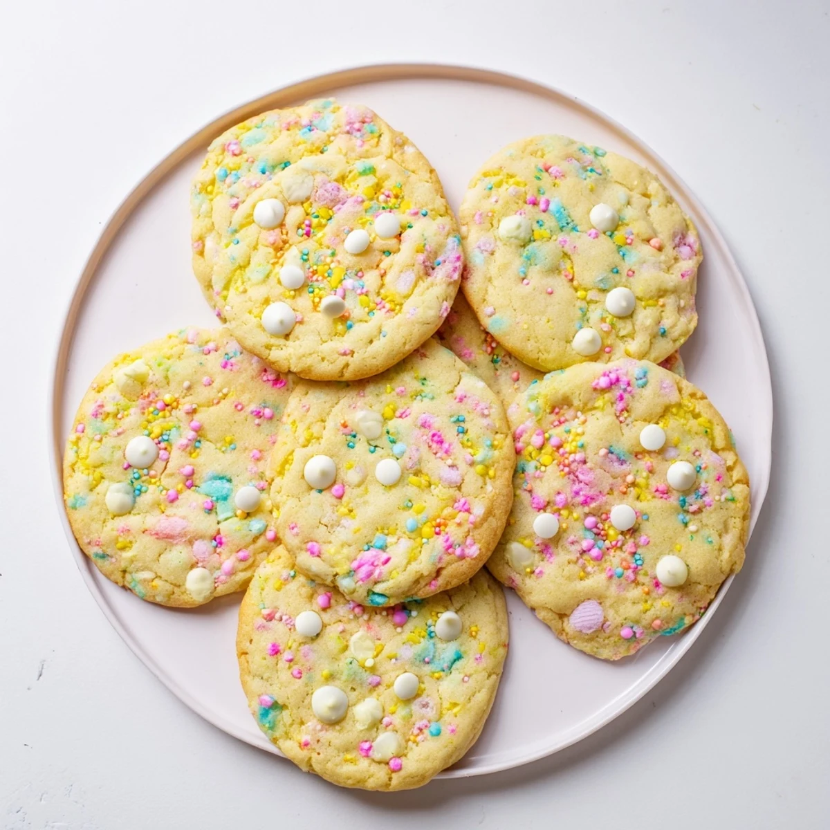 Plate of buttery Easter Funfetti Cookies topped with white chocolate chips and rainbow jimmies