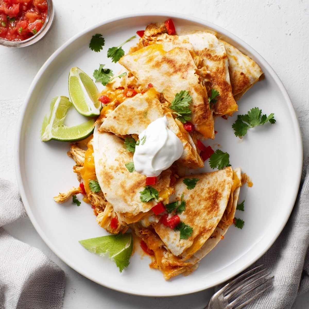 Golden brown crispy chicken quesadillas filled with melted cheese and colorful diced vegetables on a wooden board