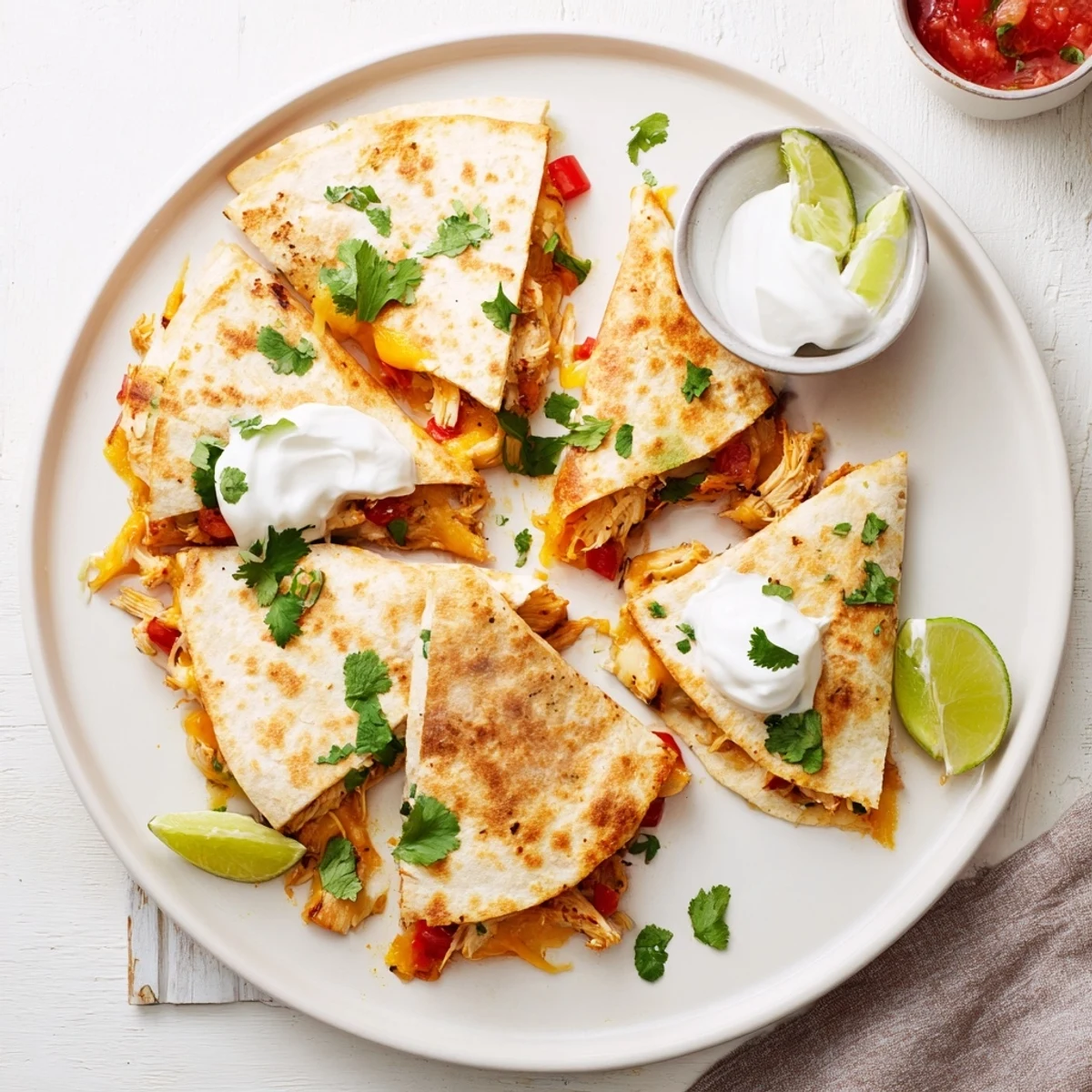 Crispy chicken quesadillas cut into wedges revealing seasoned shredded chicken and peppers oozing with melted Monterey Jack