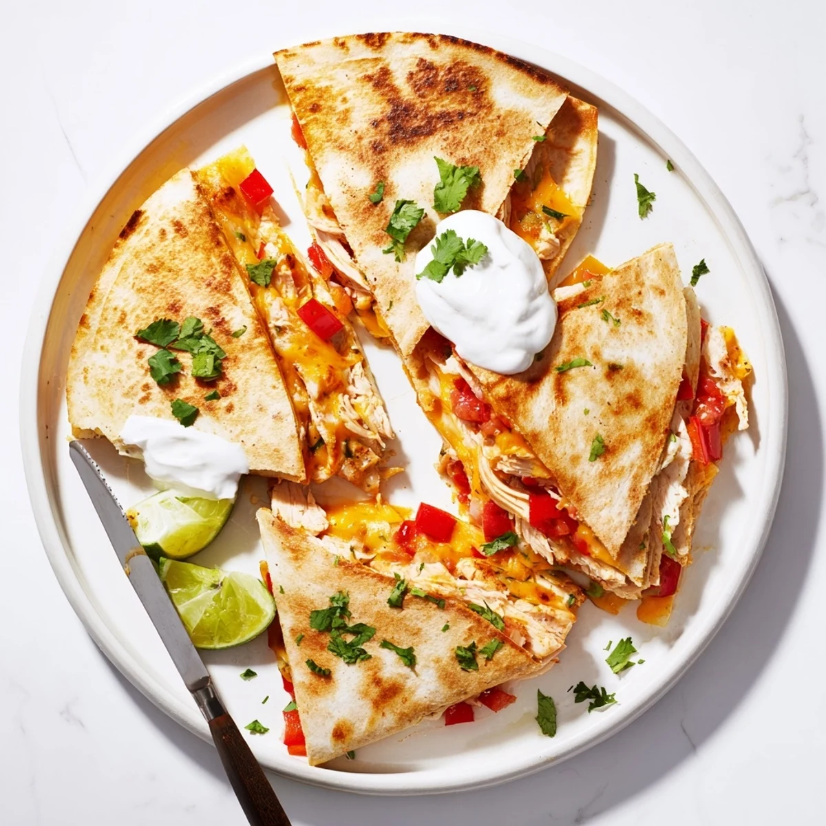 Sizzling skillet of crispy chicken quesadillas being cooked until golden with bubbling cheese and tender spiced chicken inside