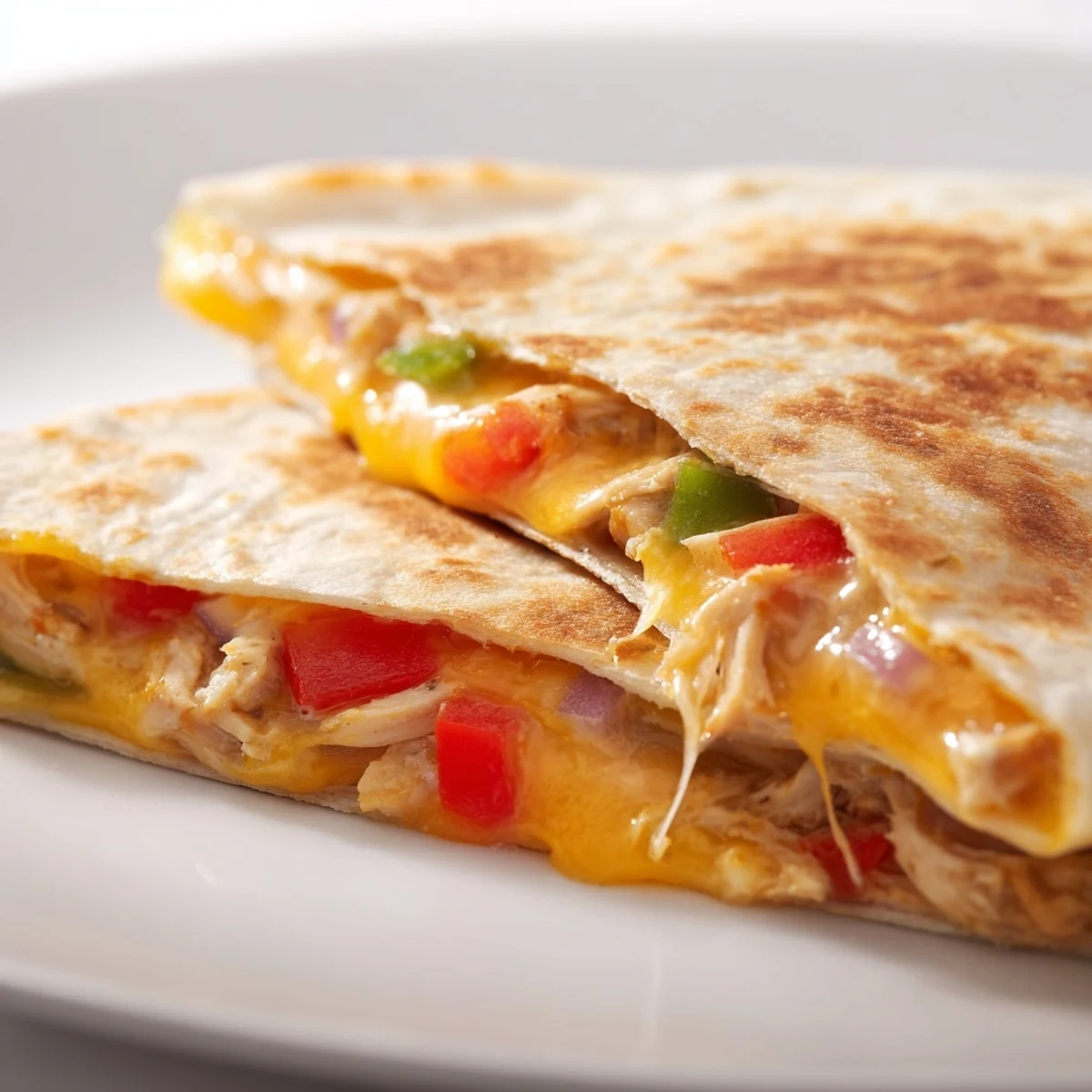 Golden chicken quesadillas with melted cheese and colorful peppers sliced into wedges