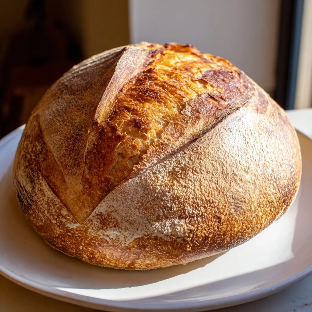 Golden brown easy rustic bread loaf with crackly crust and airy crumb texture