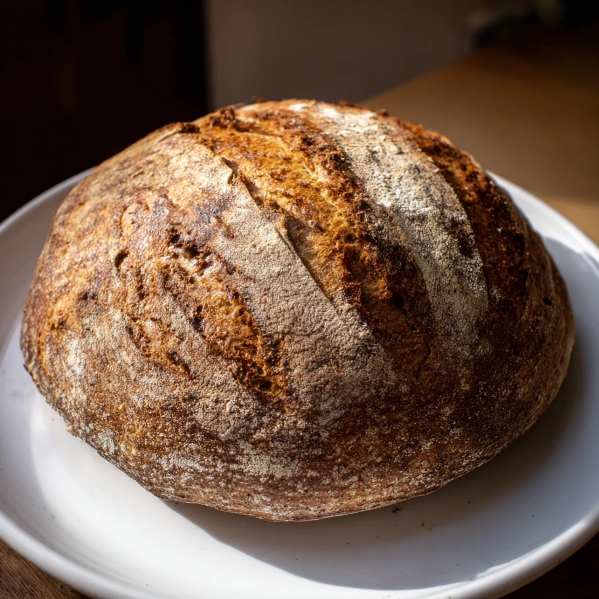 Sliced easy rustic bread revealing chewy interior with flour-dusted, artisanal cracked exterior