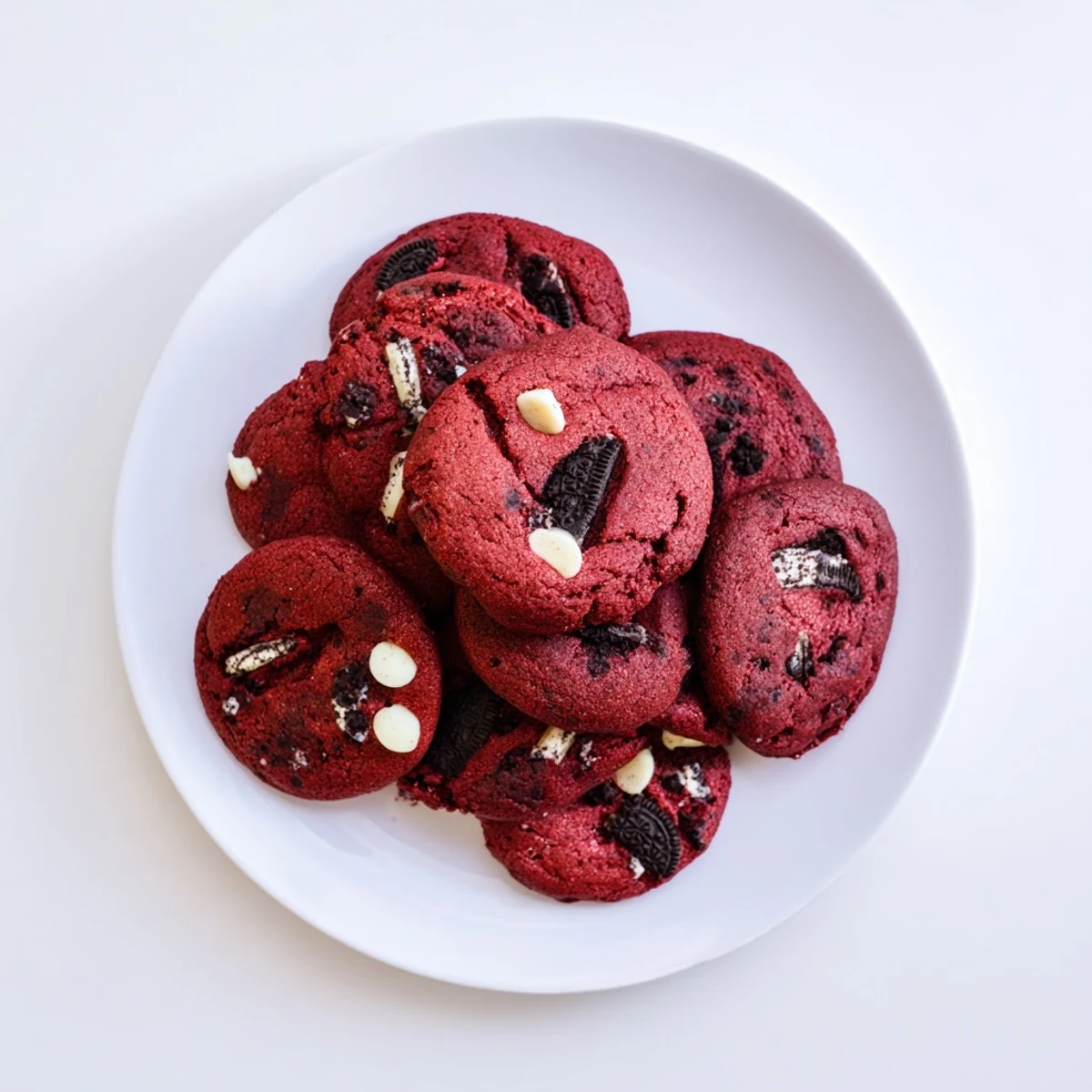 Soft red velvet Oreo cookies dotted with white chocolate chips on a baking sheet