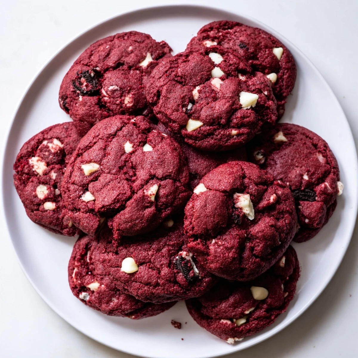 Freshly baked red velvet Oreo cookies showing their crimson crumb and Oreo-studded interior