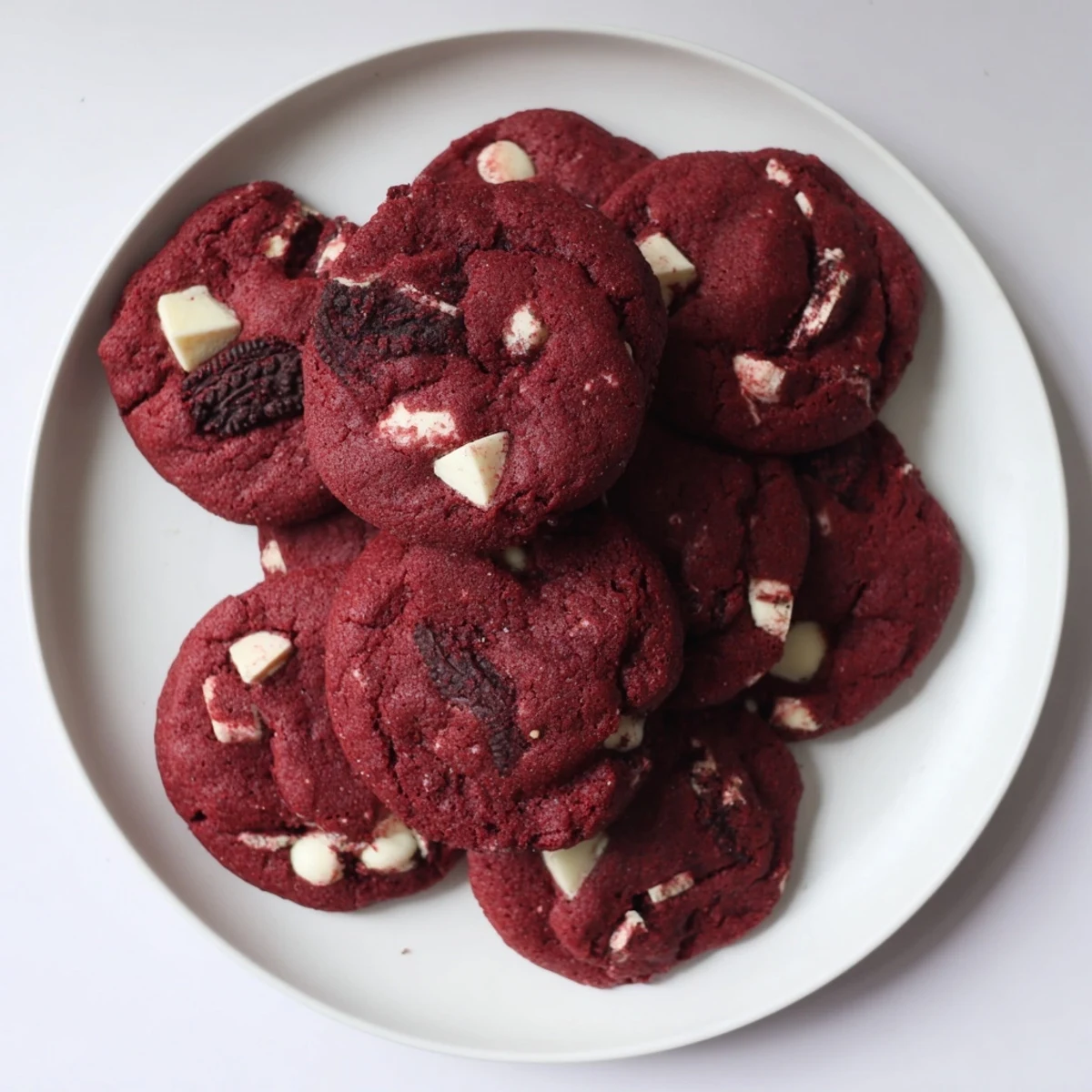 Chewy red velvet Oreo cookies with visible white chocolate chunks and cream-filled cookie pieces