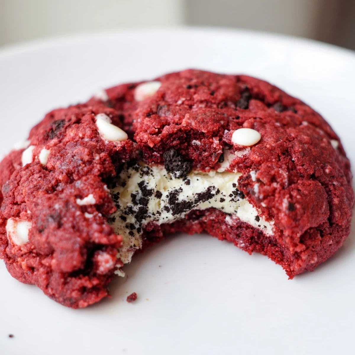 Freshly baked homemade red velvet Oreo cookies stuffed with creamy white chocolate filling on a cooling rack