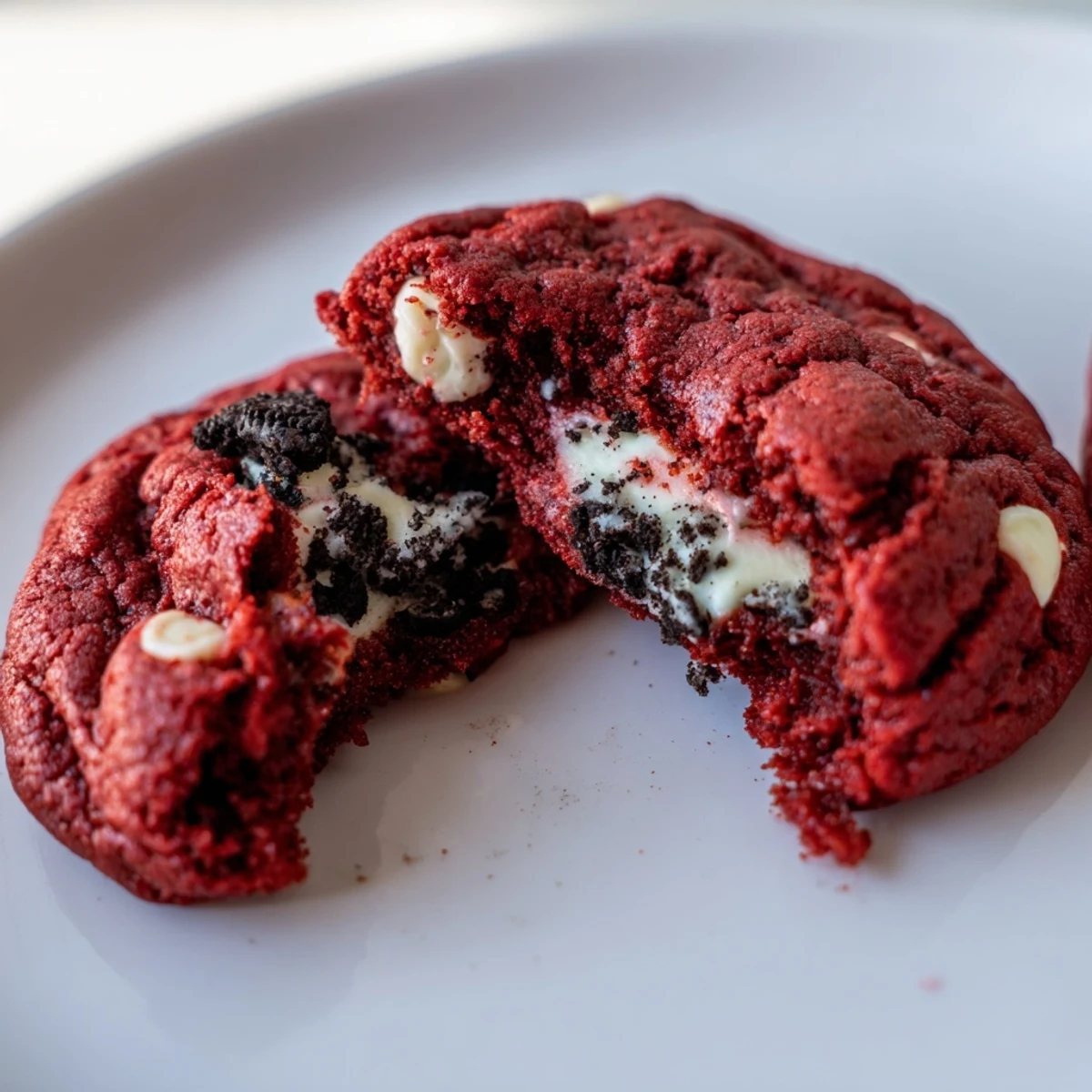 Soft red velvet cookie filled with Oreo cream cheese frosting and white chocolate chips ready for serving